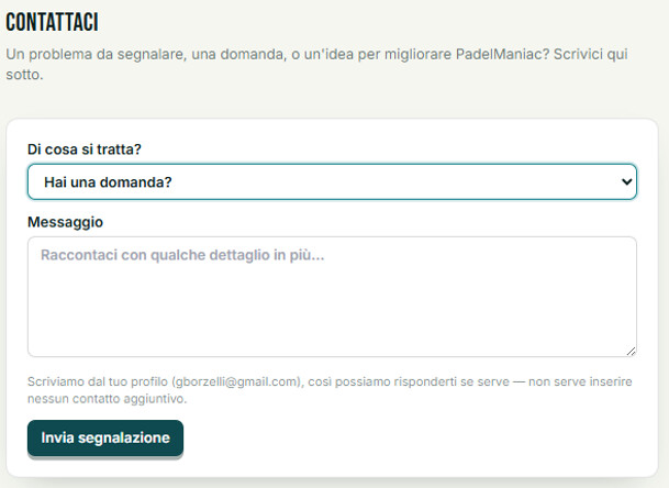 Pagina Contattaci con il menu "Di cosa si tratta?" e il campo messaggio