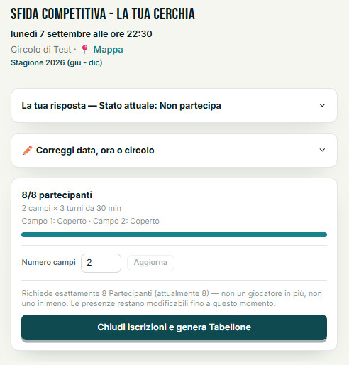 Pulsante/pannello "Chiudi iscrizioni e genera Tabellone"