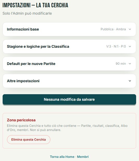 Pagina Impostazioni della Cerchia con gli accordion Informazioni base, Stagione e logiche per la Classifica, Default per le nuove Partite e Altre impostazioni, più la Zona pericolosa in fondo