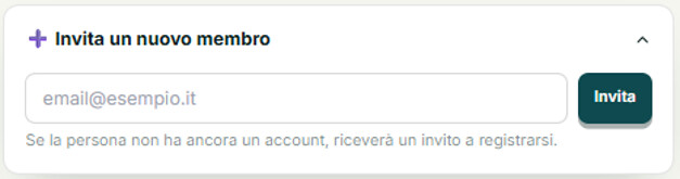 Pannello "Invita un nuovo membro" con campo email e pulsante Invita