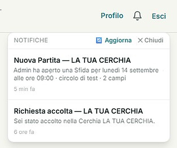 Campanellino di notifiche aperto, con una notifica di Nuova Partita e una di Richiesta accolta