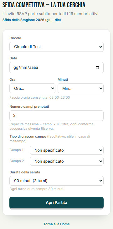 Form "Nuova Sfida": circolo, data, ora, numero campi prenotati, tipo di ciascun campo e selettore della durata della serata