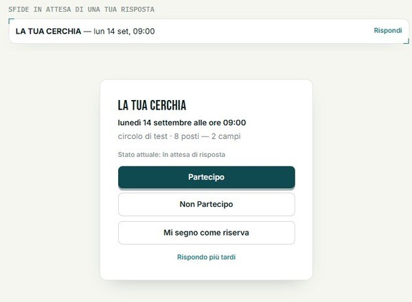 Pagina di una Sfida con il pannello "La tua risposta" aperto e i tre pulsanti Partecipo, Non Partecipo, Mi segno come riserva