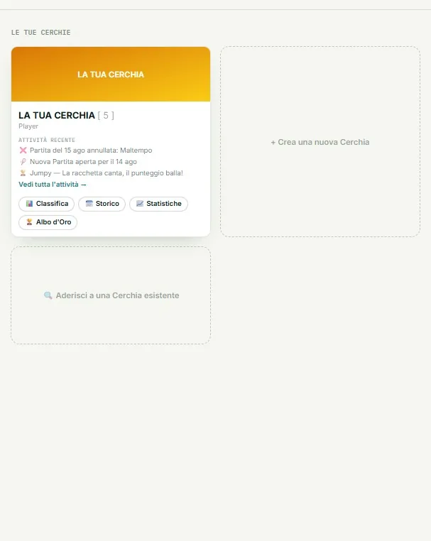 Card di una Cerchia in Home, con le Partite in attesa di risposta e accesso rapido a Classifica, Storico, Statistiche e Albo d'Oro