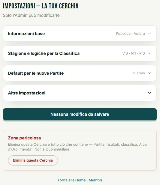Impostazioni della Cerchia: visibilità, punti e classifica, default delle Partite, correzione risultati e aspetto della card, personalizzabili da ogni Admin